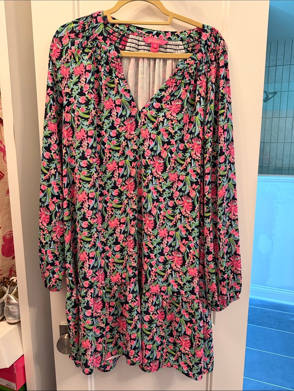 Lilly Pulitzer Navy Pink Green Floral Long-Sleeve Tunic Dress